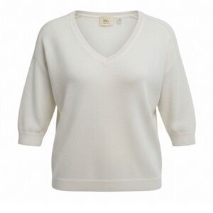 TAHARI CASHMERE V NECK HALF SLEEVE SWEATER SPRING NEUTRAL Cream M